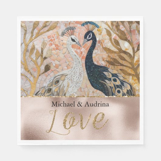 Peacocks Gold Glitter Love Blush Roos Bruiloft Servet (Voorkant)