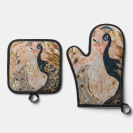 Peacocks Gold Glitter Love Blush Roos Ovenwant & Pannenlap Set