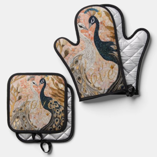 Peacocks Gold Glitter Love Blush Roos Ovenwant & Pannenlap Set (Voorkant / Achterkant)