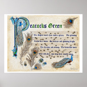 Peacocks Green Manuscript Poster