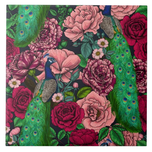 Peacocks in de tuin van het roos 2 tegeltje (Voorkant)