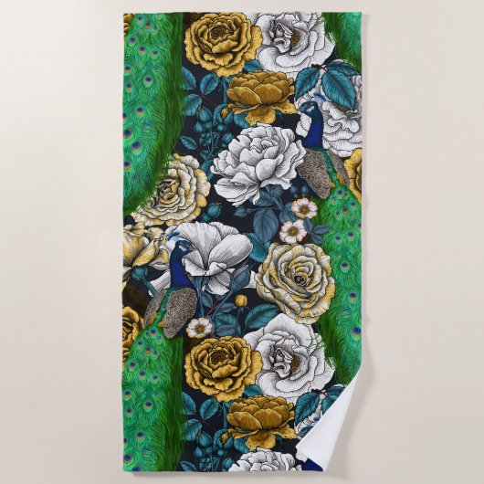 Peacocks in de tuin van het roos 3 strandlaken (Voorkant)