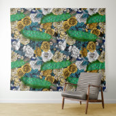 Peacocks in de tuin van het roos 3 wandkleed (In Situ (horizontaal))