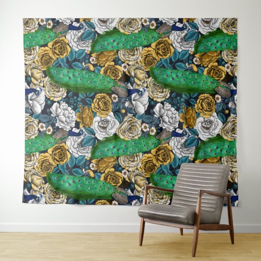 Peacocks in de tuin van het roos 3 wandkleed (In Situ (horizontaal))