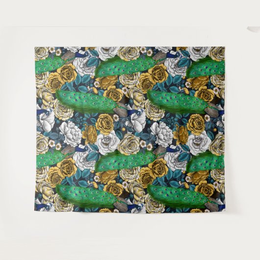 Peacocks in de tuin van het roos 3 wandkleed (Voorkant (horizontaal))