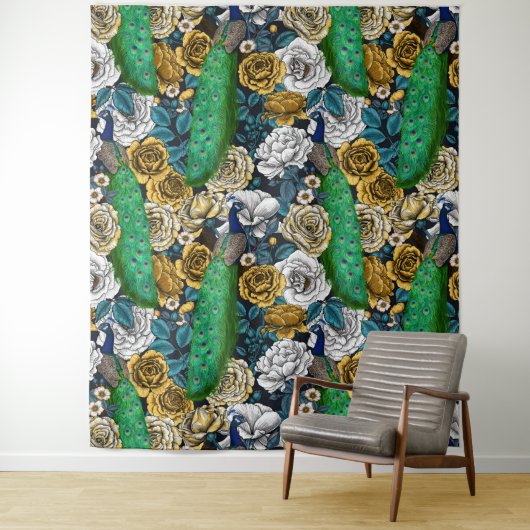 Peacocks in de tuin van het roos 3 wandkleed (In situ)