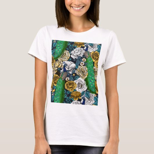 Peacocks in de tuin van het roos t-shirt (Voorkant)