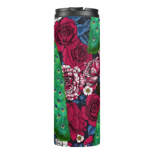 Peacocks in de tuin van het roos thermosbeker (Achterkant)