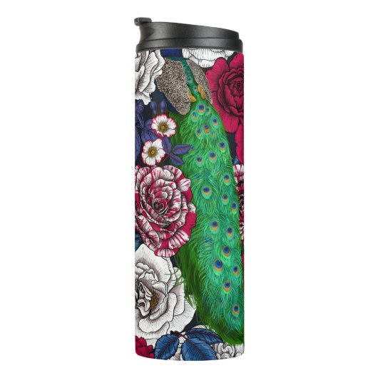 Peacocks in de tuin van het roos thermosbeker (Geroteerd rechts)