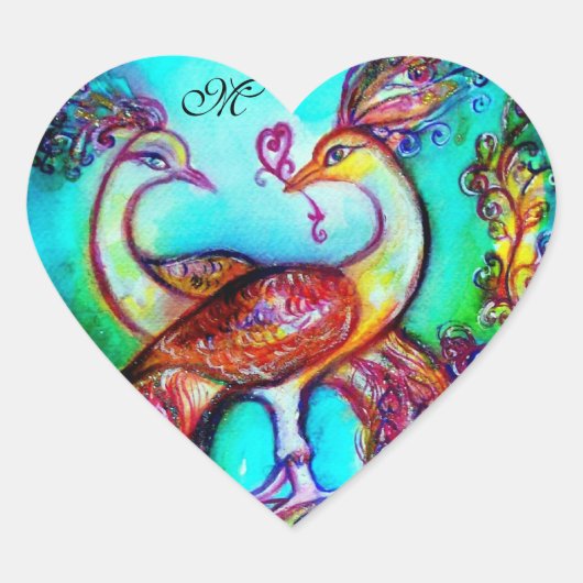 PEACOCKS IN LOVE HEART MONOGRAM Valentijnsdag Hart Sticker (Voorkant)
