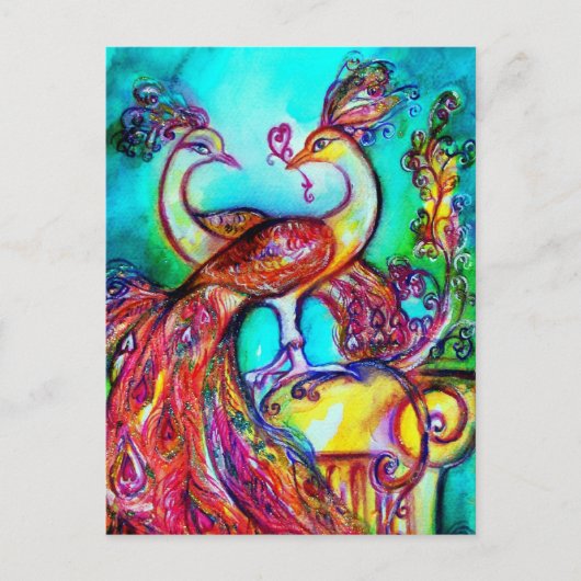 PEACOCKS IN LOVE MONOGRAM red blue turquase green Briefkaart (Voorkant)
