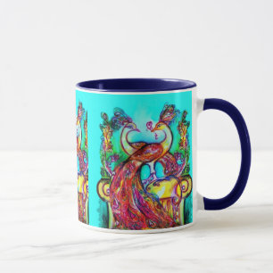 PEACOCKS IN LOVE MONOGRAM red blue turquase green Mok