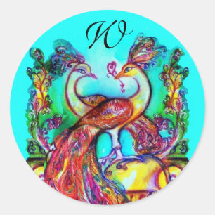 PEACOCKS IN LOVE MONOGRAM red blue turquase green Ronde Sticker
