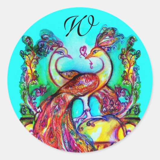 PEACOCKS IN LOVE MONOGRAM red blue turquase green Ronde Sticker (Voorkant)