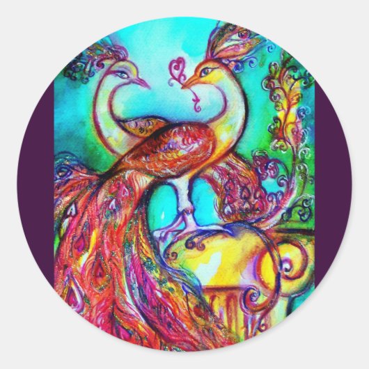 PEACOCKS IN LOVE MONOGRAM red blue turquase green Ronde Sticker (Voorkant)
