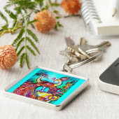 PEACOCKS IN LOVE MONOGRAM red blue turquase green Sleutelhanger (Zijkant)