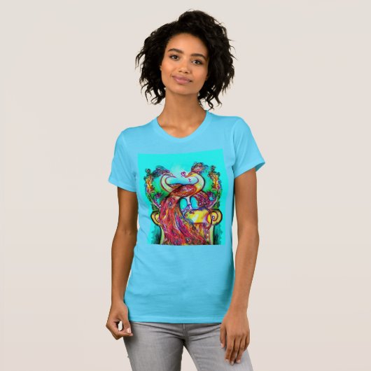 PEACOCKS IN LOVE MONOGRAM red blue turquase green T-shirt (Voorkant volledig)