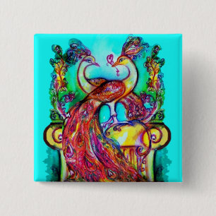 PEACOCKS IN LOVE MONOGRAM red blue turquase green Vierkante Button 5,1 Cm