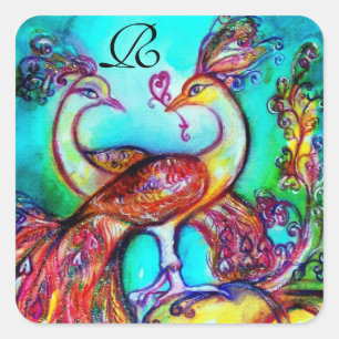 PEACOCKS IN LOVE MONOGRAM red blue turquase green Vierkante Sticker