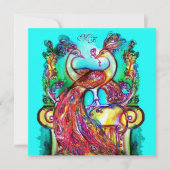 PEACOCKS IN LOVE MONOGRAM Red Blue Turquoise Green Aankondiging (Voorkant)