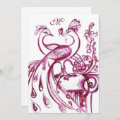 PEACOCKS IN LOVE MONOGRAM Red burgundy roze wit Aankondiging (Voorkant / Achterkant)