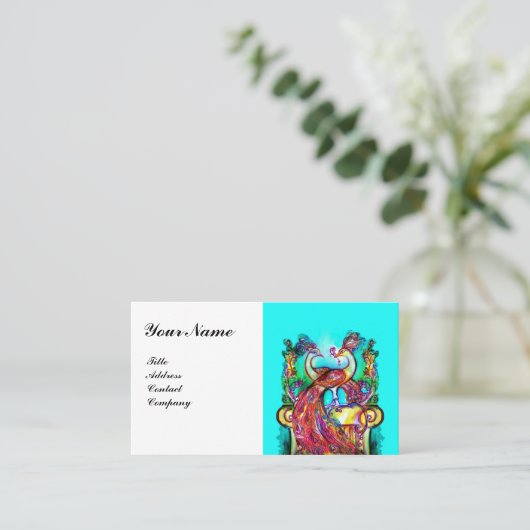 PEACOCKS IN LOVE MONOGRAM, Red White Blue Weddensc Visitekaartje (Staand voorkant)