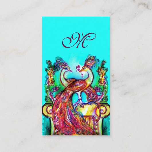 PEACOCKS IN LOVE MONOGRAM, Red White Blue Weddensc Visitekaartje (Achterkant)