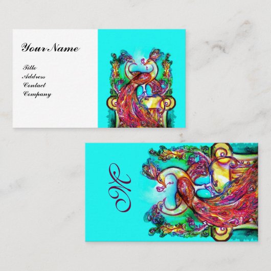 PEACOCKS IN LOVE MONOGRAM, Red White Blue Weddensc Visitekaartje (Voorkant / Achterkant)