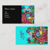 PEACOCKS IN LOVE MONOGRAM, rood blauw turquoise zw Visitekaartje (Voorkant / Achterkant)