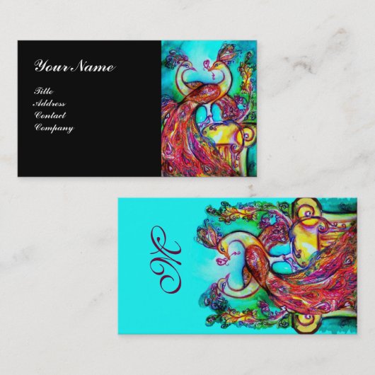 PEACOCKS IN LOVE MONOGRAM, rood blauw turquoise zw Visitekaartje (Voorkant / Achterkant)