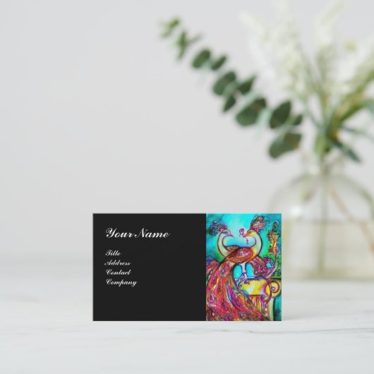 PEACOCKS IN LOVE MONOGRAM, rood blauw turquoise zw Visitekaartje (Staand voorkant)