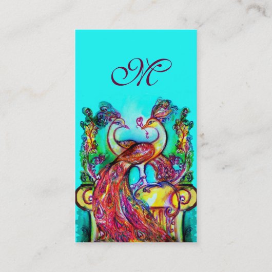 PEACOCKS IN LOVE MONOGRAM, rood blauw turquoise zw Visitekaartje (Achterkant)