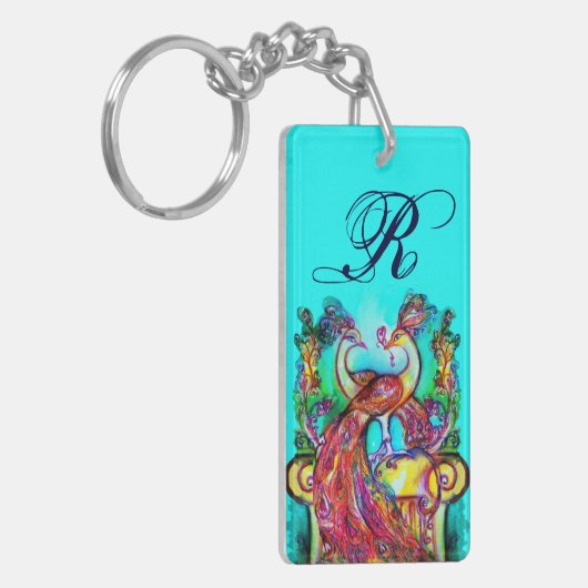 PEACOCKS IN LOVE MONOGRAM rood blauwgroen blauw gr Sleutelhanger (Voorkant Links)