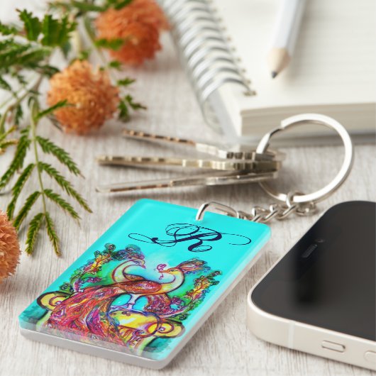 PEACOCKS IN LOVE MONOGRAM rood blauwgroen blauw gr Sleutelhanger (Voorkant Rechts)