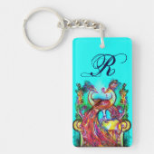 PEACOCKS IN LOVE MONOGRAM rood blauwgroen blauw gr Sleutelhanger (Voorkant)