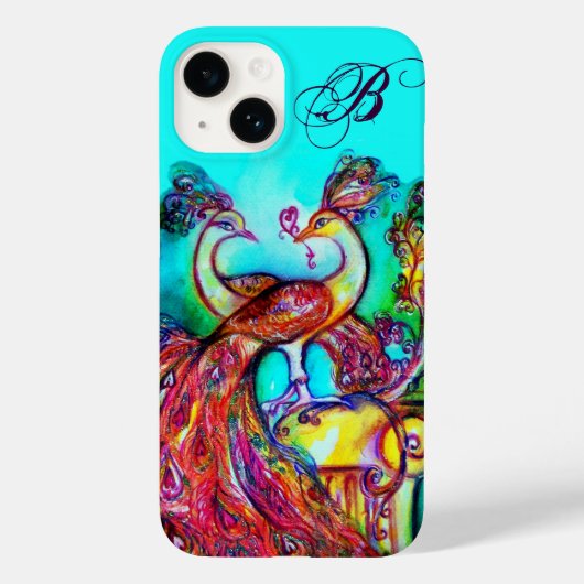 PEACOCKS IN LOVE MONOGRAM Turquoise Blue Case-Mate iPhone Case (Achterkant)