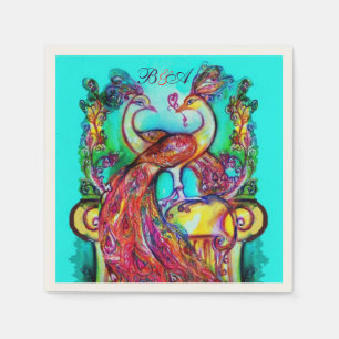 PEACOCKS IN LOVE Red Aqua Blue Weddenschap Servetten