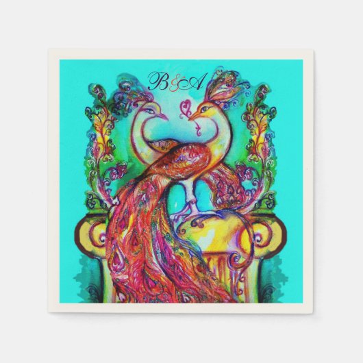 PEACOCKS IN LOVE Red Aqua Blue Weddenschap Servetten (Voorkant)