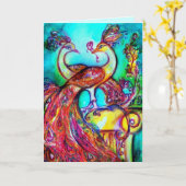 PEACOCKS IN LOVE Red blue turquase green Kaart (Gele Bloem)