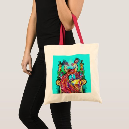 PEACOCKS IN LOVE Red blue turquase green Tote Bag (Voorkant (product))