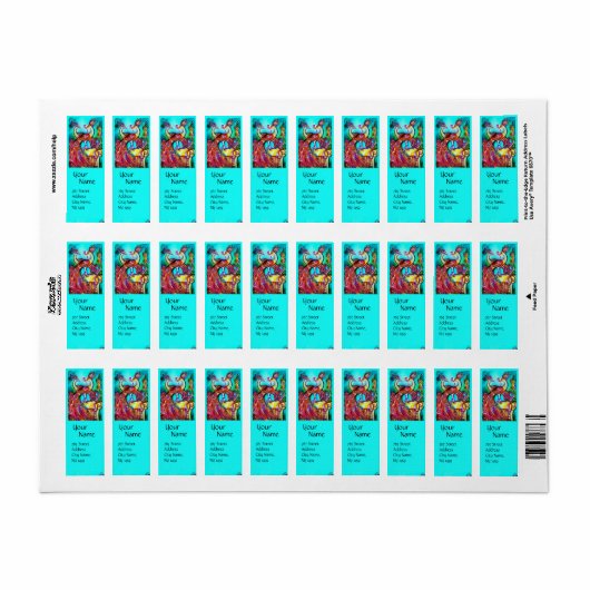 PEACOCKS IN LOVE Red Blue Turquoise Weddenschap Etiket (Full Sheet)