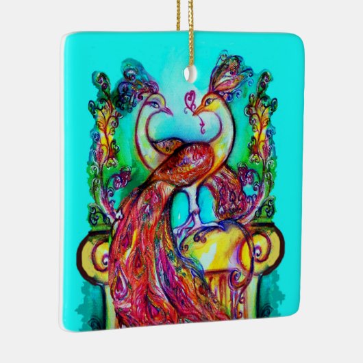 PEACOCKS IN LOVE/RED RUBY GEMSTONE, Blue turquoise Keramisch Ornament (Rechts)