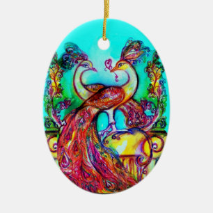 PEACOCKS IN LOVE/RED RUBY GEMSTONE, Blue turquoise Keramisch Ornament