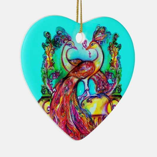 PEACOCKS IN LOVE/RED RUBY GEMSTONE, Blue turquoise Keramisch Ornament (Rechts)