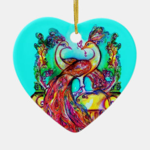 PEACOCKS IN LOVE/RED RUBY GEMSTONE, Blue turquoise Keramisch Ornament