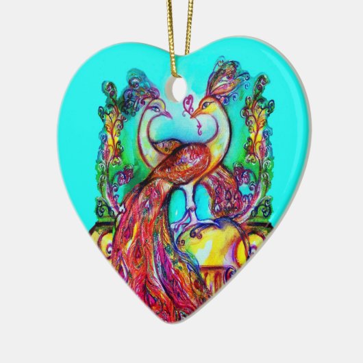 PEACOCKS IN LOVE/RED RUBY GEMSTONE, Blue turquoise Keramisch Ornament (Links)