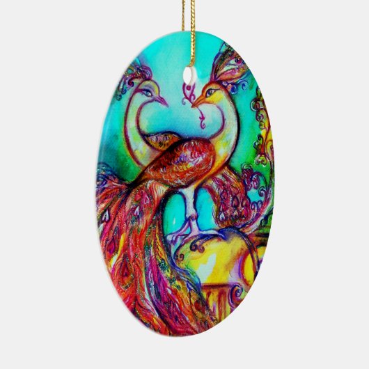 PEACOCKS IN LOVE/RED RUBY GEMSTONE, Blue turquoise Keramisch Ornament (Rechts)