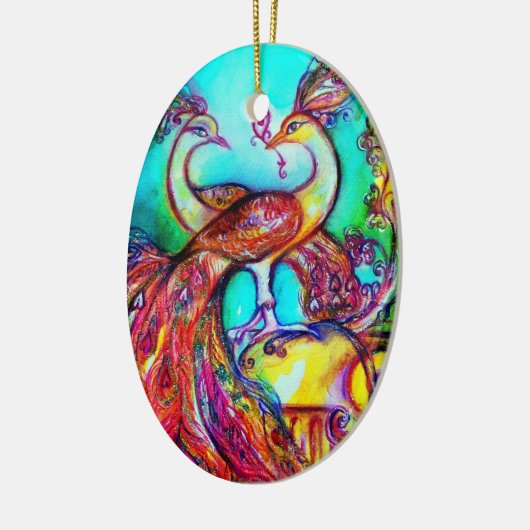 PEACOCKS IN LOVE/RED RUBY GEMSTONE, Blue turquoise Keramisch Ornament (Links)