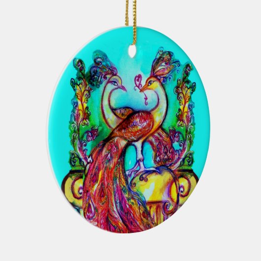 PEACOCKS IN LOVE/RED RUBY GEMSTONE, Blue turquoise Keramisch Ornament (Rechts)