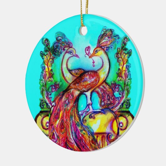 PEACOCKS IN LOVE/RED RUBY GEMSTONE, Blue turquoise Keramisch Ornament (Links)